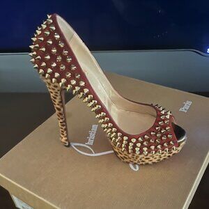 Christian Louboutin lady peep platform heels with spikes & cheetah print